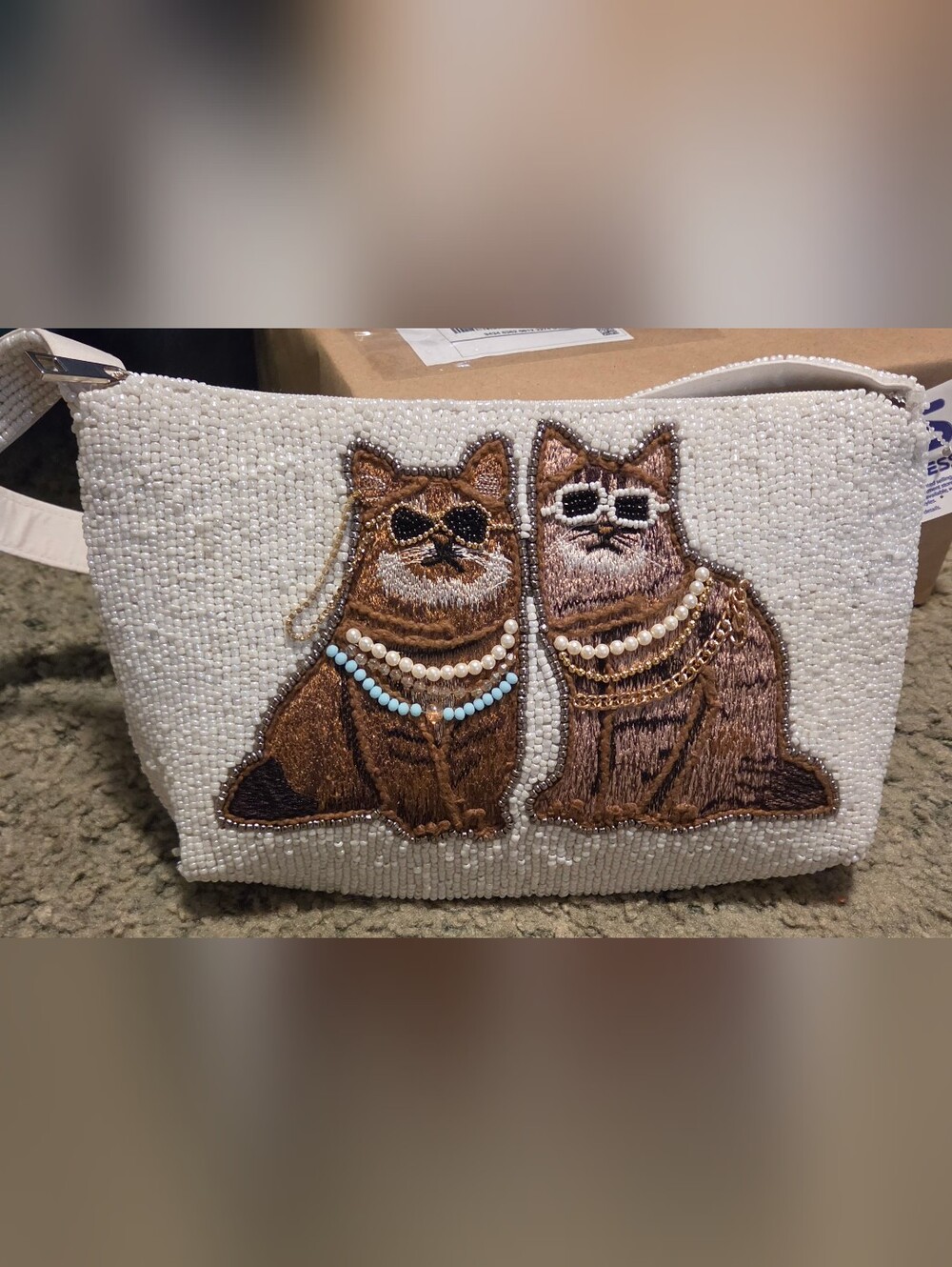 Beaded White Cat Duo Wristlet Pouch